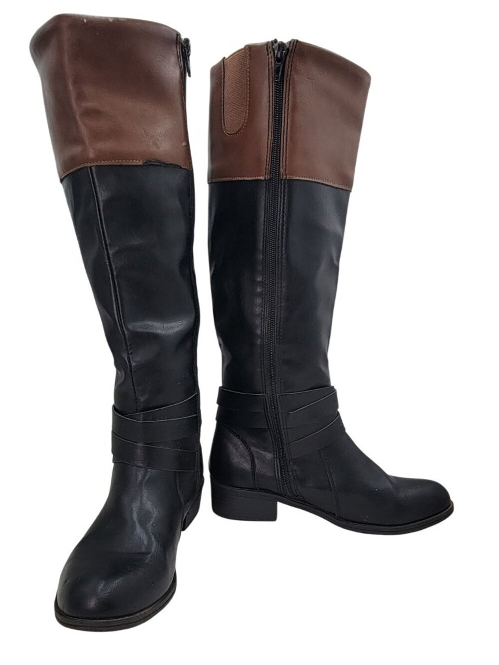 Arizona Knee-High Riding Boots Black Brown Zip Buckle Womens Size 8M